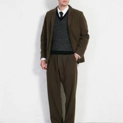 HANSEN GARMENTS SUNE | Pleated Wide Cut Trousers | Brown Herringbone -HANSEN SHOP sune pleated wide cut trousers brown herringbone hansen garments 255264