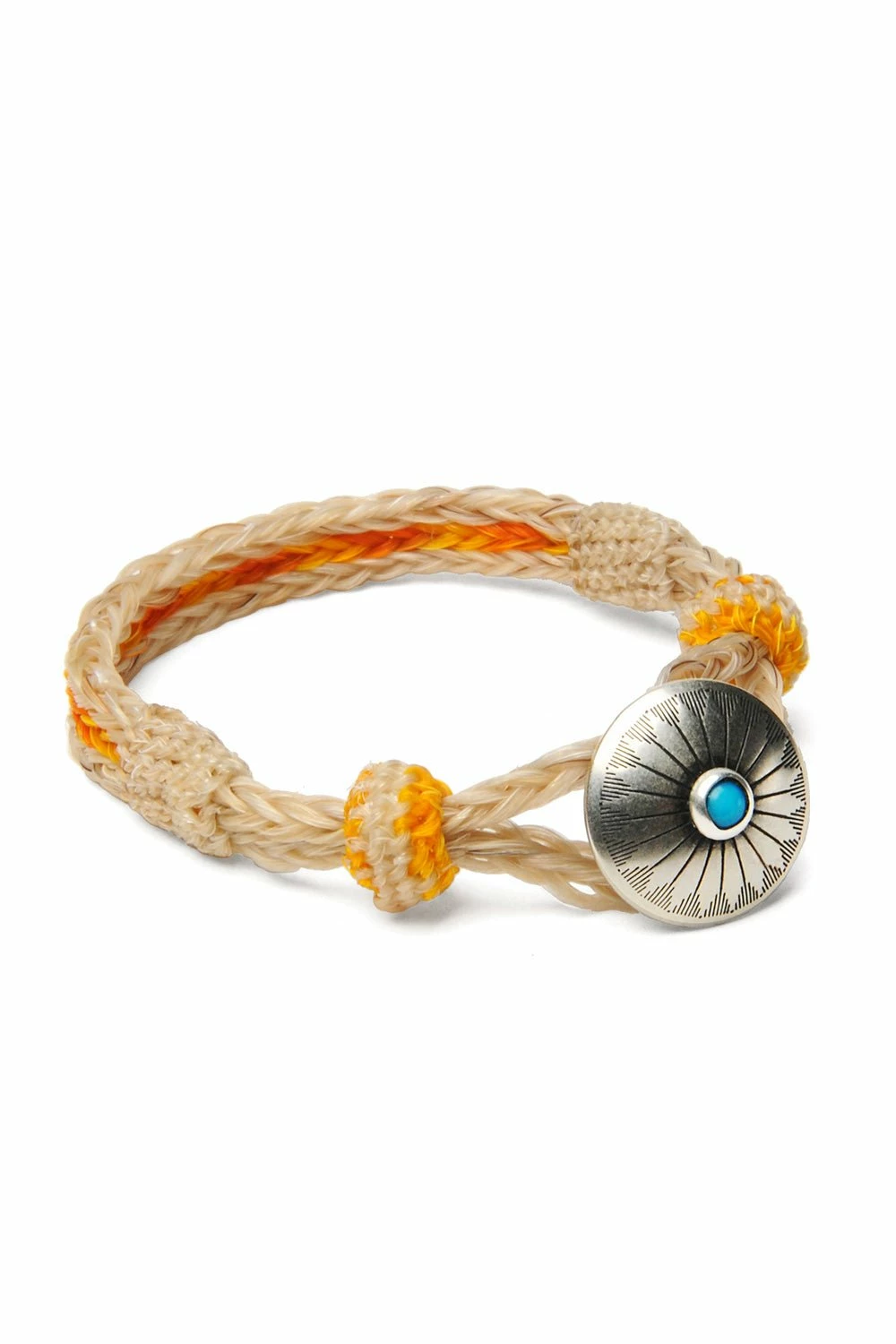 Chamula Turquoise Concho Bracelet | Hand-woven Horsehair | Orange/Yellow 3 Chamula Turquoise Concho Bracelet | Hand-woven Horsehair | Orange/Yellow